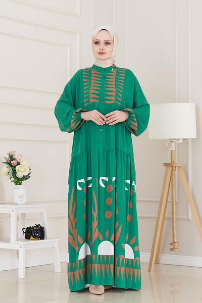 Sevitli Half Button Robe Hülya Dress-Green