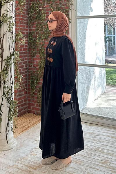 lamelif Δερμάτινο Λεπτομερές Μουσουλμανικό Φόρεμα Μαύρο