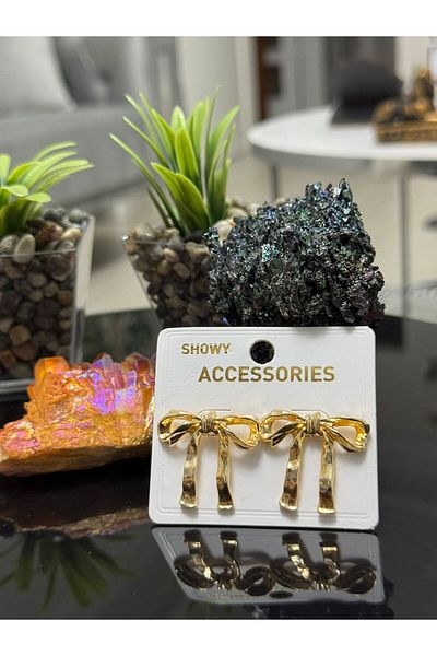 Asef Hediye Gold Color Ribbon Model Stainless, Tarnish-Free Steel Earrings