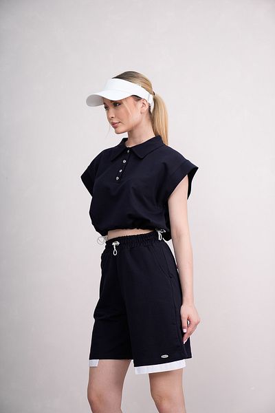 PONÇİK Women's Shirt Collar Combed Cotton Shorts Suit with Pocket Elastic 25066