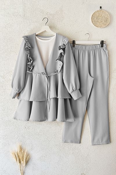 MODAQU Frilly Rope Belted Tunic Trousers Set - Gray
