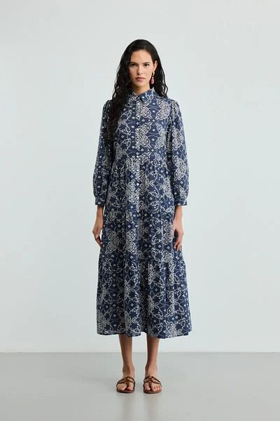 Gusto Μακρύ φόρεμα από βαμβακερό χαλαρό κοψίμα - Navy Blue