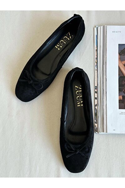 Zuum Cenev % 100 Hakiki Deri&Süet Kadın Balerin Babet - Siyah Süet