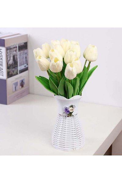 SOJİ Soji Artificial Tulip Flower Bouquet for Home Decoration - Milky White - 21 cm