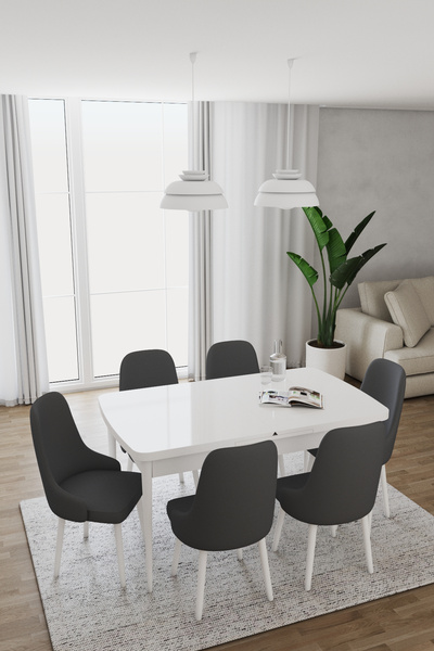 DEREN HOME Are Serisi 80x130 Açılır Masa 6 Adet Antrasit Sandalye Metal Ayakl...