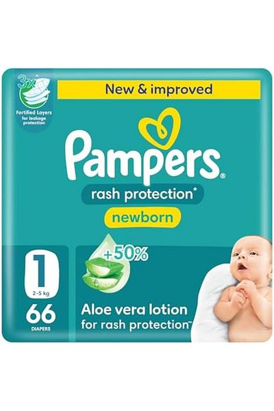 Pampers Rash Protection Taped Diapers, Size 1, 2-5kg, +50% Aloe Vera Lotion for Rash Protection, 3x