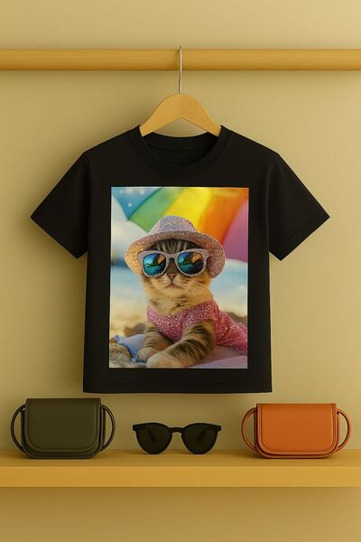 Kedi baskılı Tşört 3 12 yaş Arası Taş Desen Görümlü Çocuk t-shirt