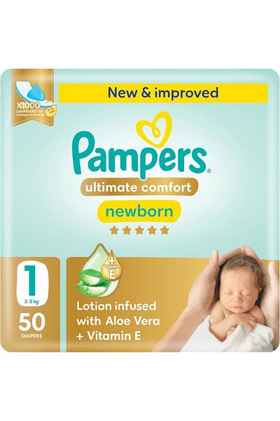 Pampers Ultimate Comfort Taped Diapers, Size 1, 2-5kg, Lotion infused with Aloe Vera and Vitamin E,