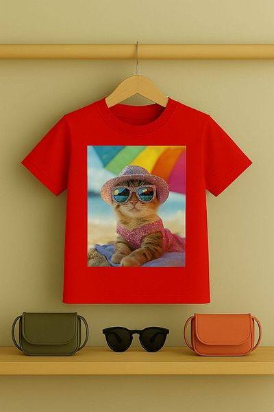 JOYBOY KİDS Cat Printed T-Shirt 3 12 Years Old Stone Pattern Looking Children's T-Shirt