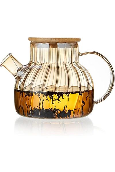Quasar & Co. Tea/Coffee Kettle With Filter And Lid, 950 Ml, Borosilicate Glass/Bamboo, Amber
