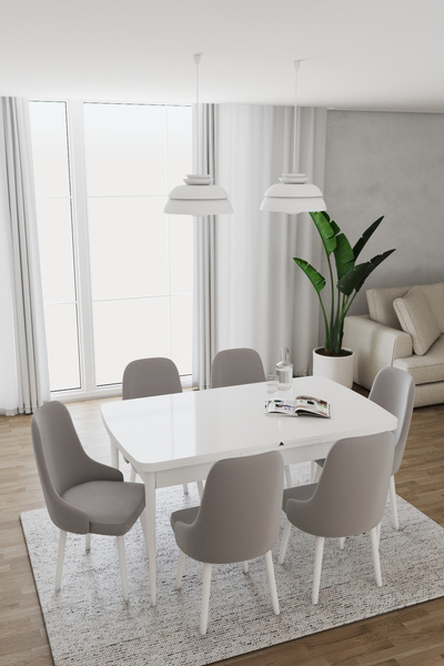 DEREN HOME Are Serisi 80x130 Açılır Masa 6 Adet Gri Sandalye Metal Ayaklı Mas...