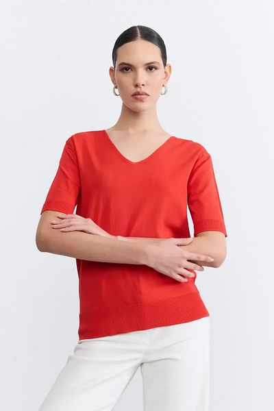 Gusto Πλεκτή μπλούζα με κοντό μανίκι Mercerized V-Neck - Pomegranate Flower