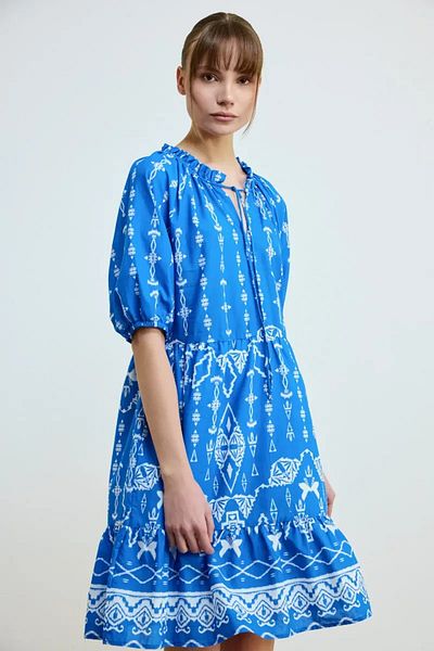 Gusto Rochie din bumbac cu model cu dantela in fata -albastru