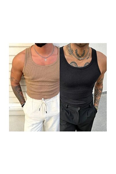 Rublays Men's Black Beige 2-Piece Halter Neck Sports Lycra Tank Top