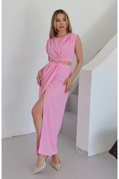 Laluvia Rosa Kleid mit seitlichem Ausschnitt und Schnalle vorne – 8190