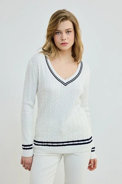 Gusto V-Neck Hair Knitted Knitwear Blouse - Ecru