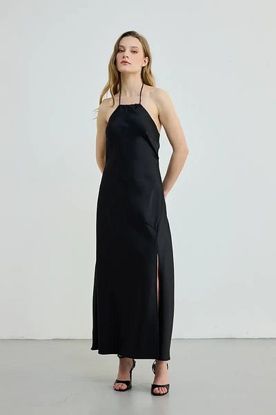 Gusto Halter Neck Satin Long Evening Dress - Black