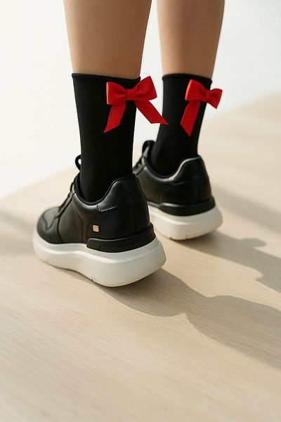 DİLARRA Black Long Socks with Red Back Bow