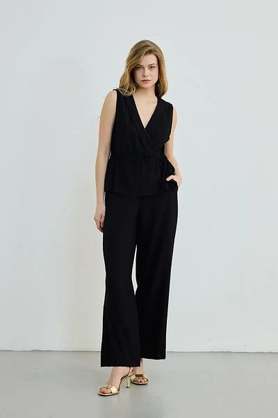 Gusto Elastic Waist Wide Leg Trousers - Black