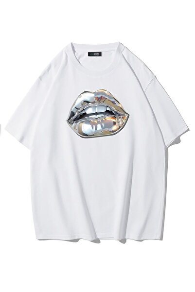 BRZ COLLECTION Unisex Oversize Silver Lip Gümüş Dudak T-shirt Beyaz
