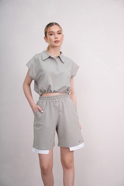 PONÇİK Women's Shirt Collar Combed Cotton Shorts Suit with Pocket Elastic 25066