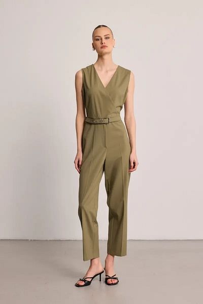 Gusto Wrap Cut Jumpsuit with Belt - Khaki