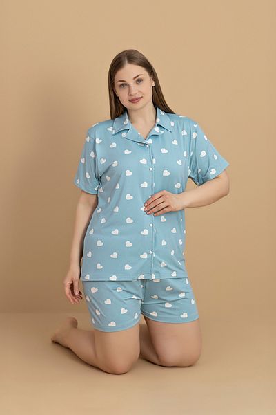 Fulla Moda Plus Size Heart Printed Shirt Collar Shorts Pajama Set