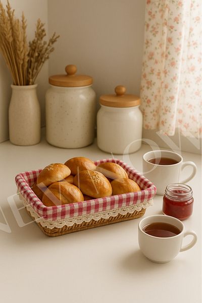 NEWNOW Red Checkered Bread Basket with Rustic Lace Detail