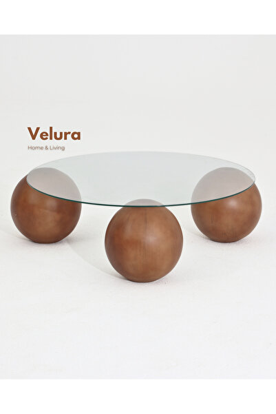 Velura Home & Living Modern Orta Sehpa & Küre-Top Sehpa & Yuvarlak Cam - Ceviz