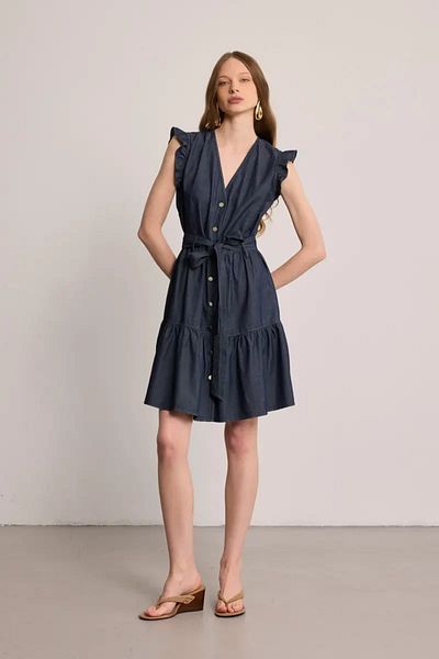 Gusto Rochie din denim cu volan cu maneci - albastru