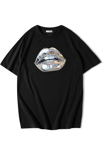 BRZ COLLECTION Tricou unisex oversize Silver Lip Silver Lip Negru