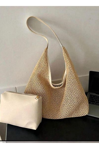 Katusa Women's Straw Yellow Mesh Hand Knitted Cream Leather Handle Detailed and Puppy Shoulder Bag
