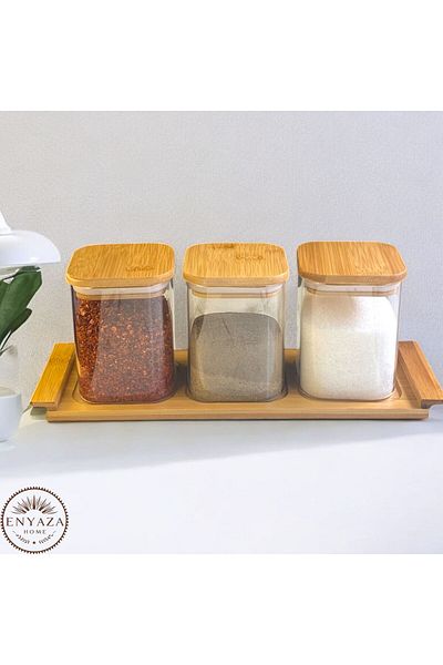ENYAZA(2024) 3-Piece Square Jar Set with Bamboo Stand Spice Jar Set Spice Jar