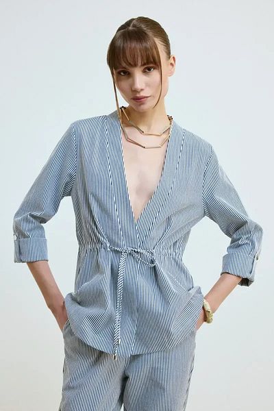 Gusto Striped Jacket with Rope Belt at Waist - Navy Blue