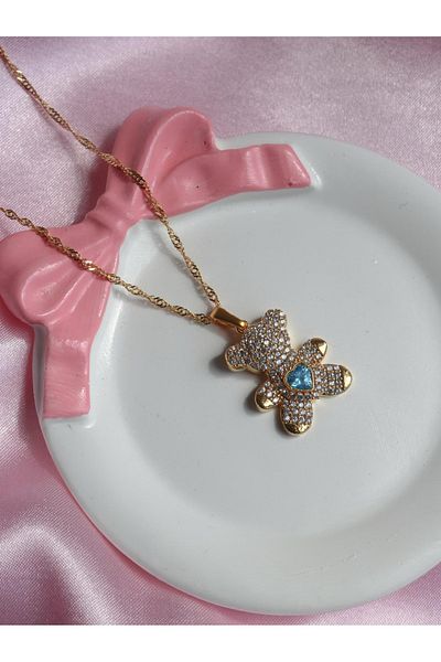 Reorah Collection Teddy Bear Necklace-Colored Teddy Bear Necklace with Zircon Stone