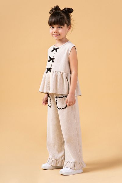 Minipodyum Girl's Bow Detailed Pocket Linen Double Set