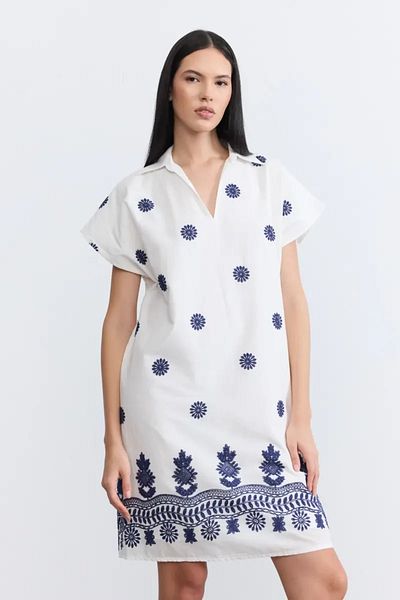 Gusto Embroidered Cotton Dress - Ecru