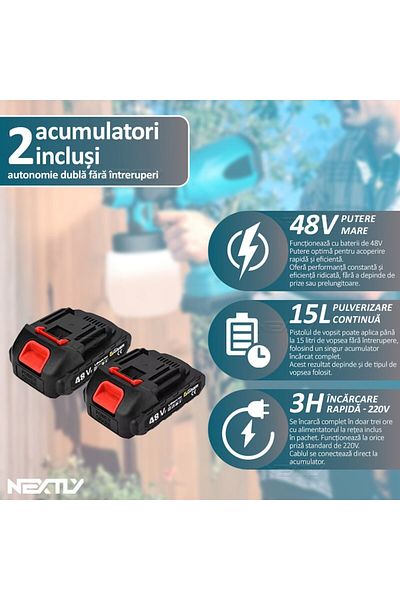 NEXTLY Pistol De Vopsit Cu Acumulator, , Capacitate 800 Ml, Debit Reglabil, 3 Moduri De Pulverizare