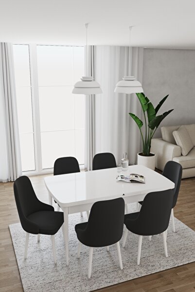 DEREN HOME Are Serisi 80x130 Açılır Masa 6 Adet Siyah Sandalye Metal Ayaklı M...