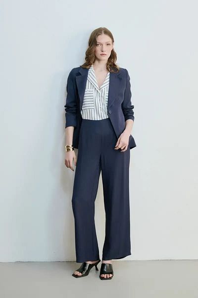 Gusto Wide Leg Modal Trousers - Navy Blue