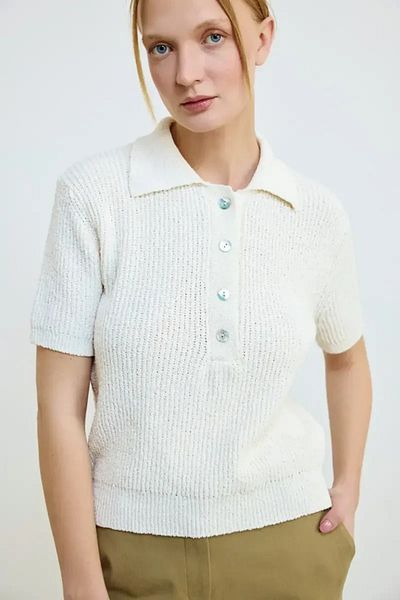 Gusto Cotton Short Sleeve Knitwear Blouse - Ecru
