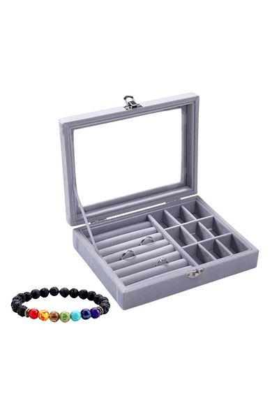 OEM Cutie de bijuterii, Gri, compartimente detasabile, 20x15x4.8cm, inclus Bratara energetica