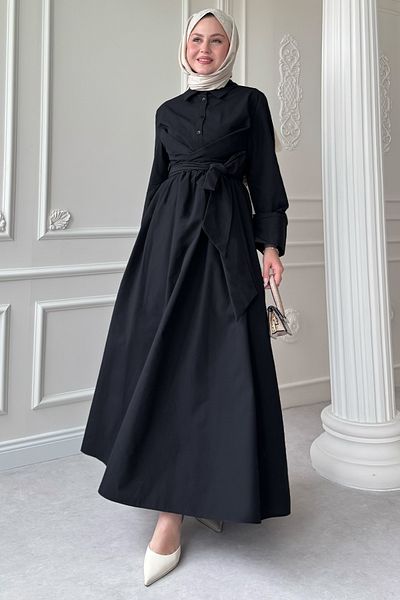 InStyle Wide Sleeve Binding Detail Poplin Black Dress