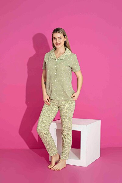 Tarık Mother Daughter Combination Short Sleeve Shirt Long Bottom Lycra Combed Fabric Medium Thick Pajama Set-3023