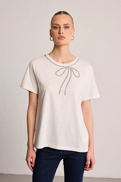Gusto Bow Stone Embroidery Detailed Cotton T-Shirt - Ecru