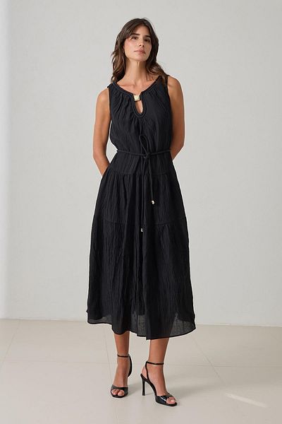 Setre Black Neck Detailed Sleeveless Relaxed Cut Midi Dress