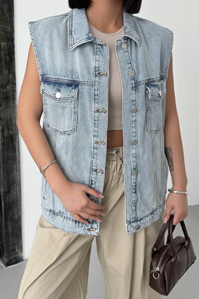 RICHMOST Women's Denim Vest with Sleeveless and Pocket Standard Length Shirt Collar Snow Wash Light Blue Four Seasons