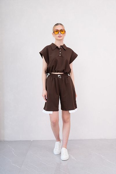 PONÇİK Women's Shirt Collar Combed Cotton Shorts Suit with Pocket Elastic 25066