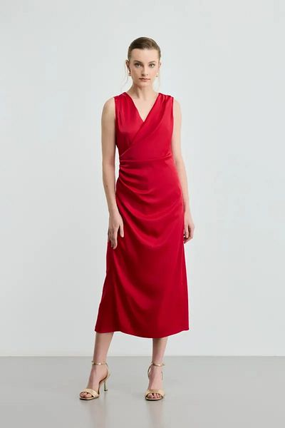 Gusto Wrap Cut Long Satin Dress - Red