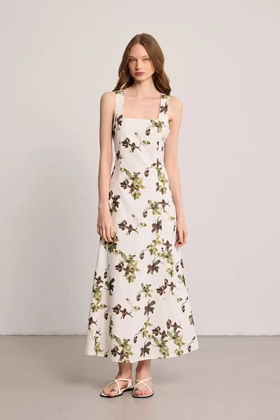 Gusto Patterned Long Lined Linen Dress - White